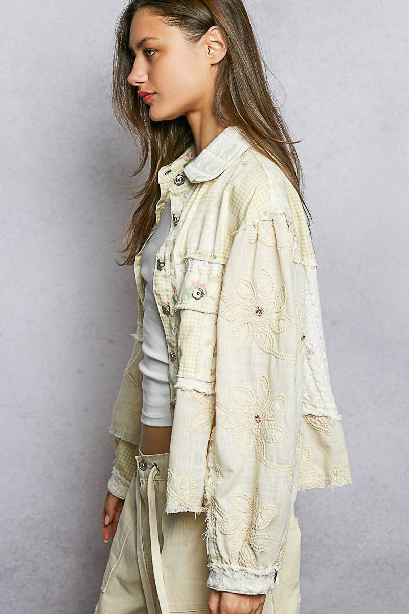 Pol Clothing - Cable Knit Lace Patchwork Woven Long Sleeve Shirt Top