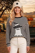 Main Strip - Halloween Ghost Appliqué Striped Long Sleeve Top