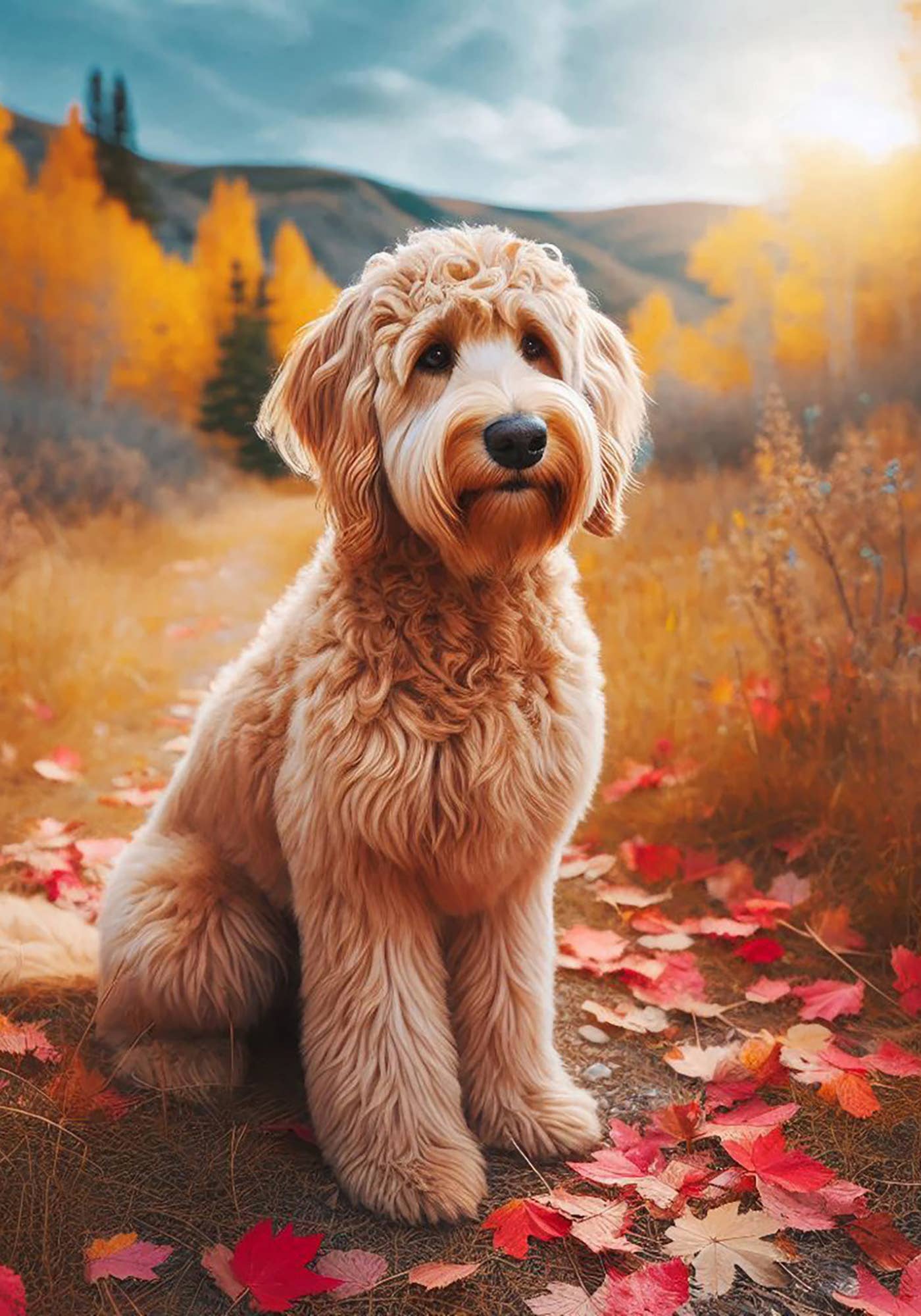 Best of Breed Products - Labradoodle Blonde -   Falling Leaves Garden Flag