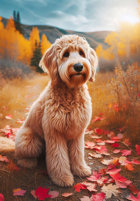 Best of Breed Products - Labradoodle Blonde -   Falling Leaves Garden Flag