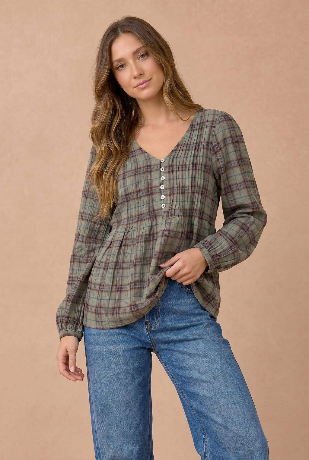 Haptics - Plus Crinkle Plaid Pin Tuck Buttoned Woven Blouse