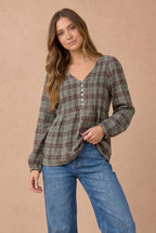 Haptics - Plus Crinkle Plaid Pin Tuck Buttoned Woven Blouse