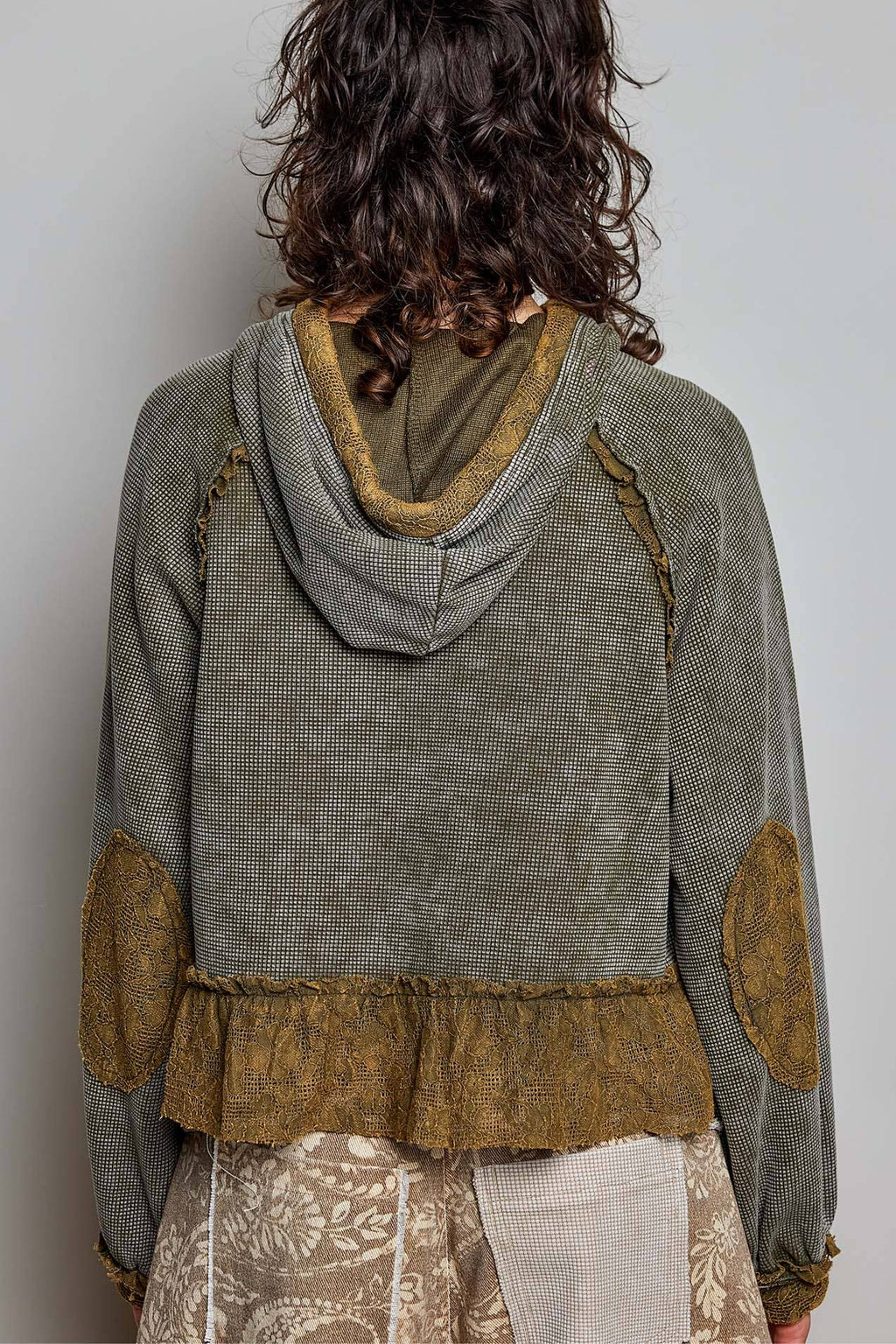 Pol Clothing - Cropped Balloon Sleeves Thermal Knit Lace Casual Hoodie