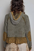 Pol Clothing - Cropped Balloon Sleeves Thermal Knit Lace Casual Hoodie
