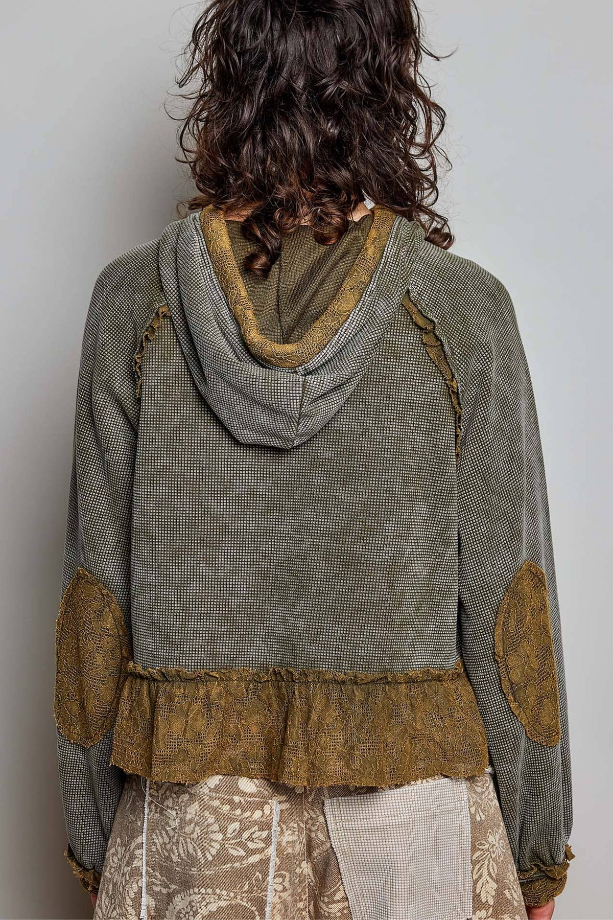 Pol Clothing - Cropped Balloon Sleeves Thermal Knit Lace Casual Hoodie