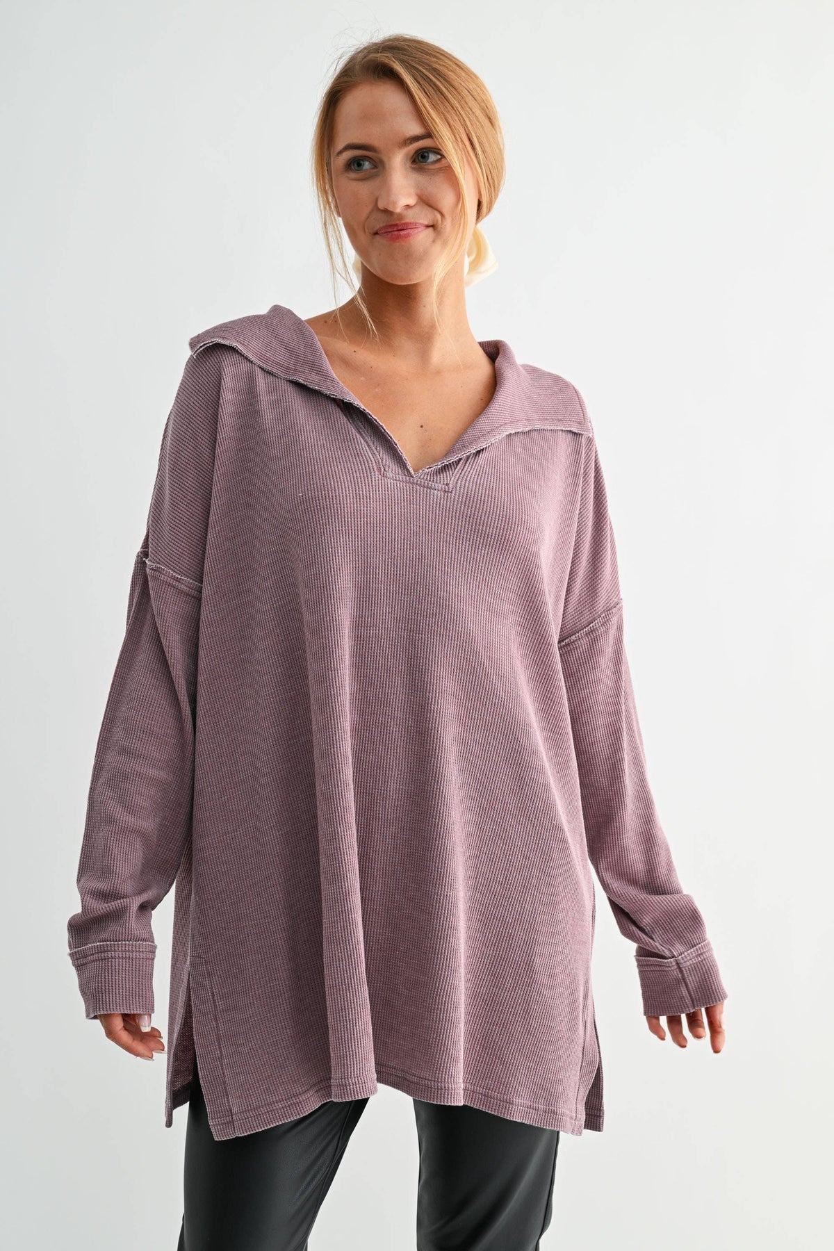 Cotton Blend Waffle Knit Oversized Collared Long Sleeve