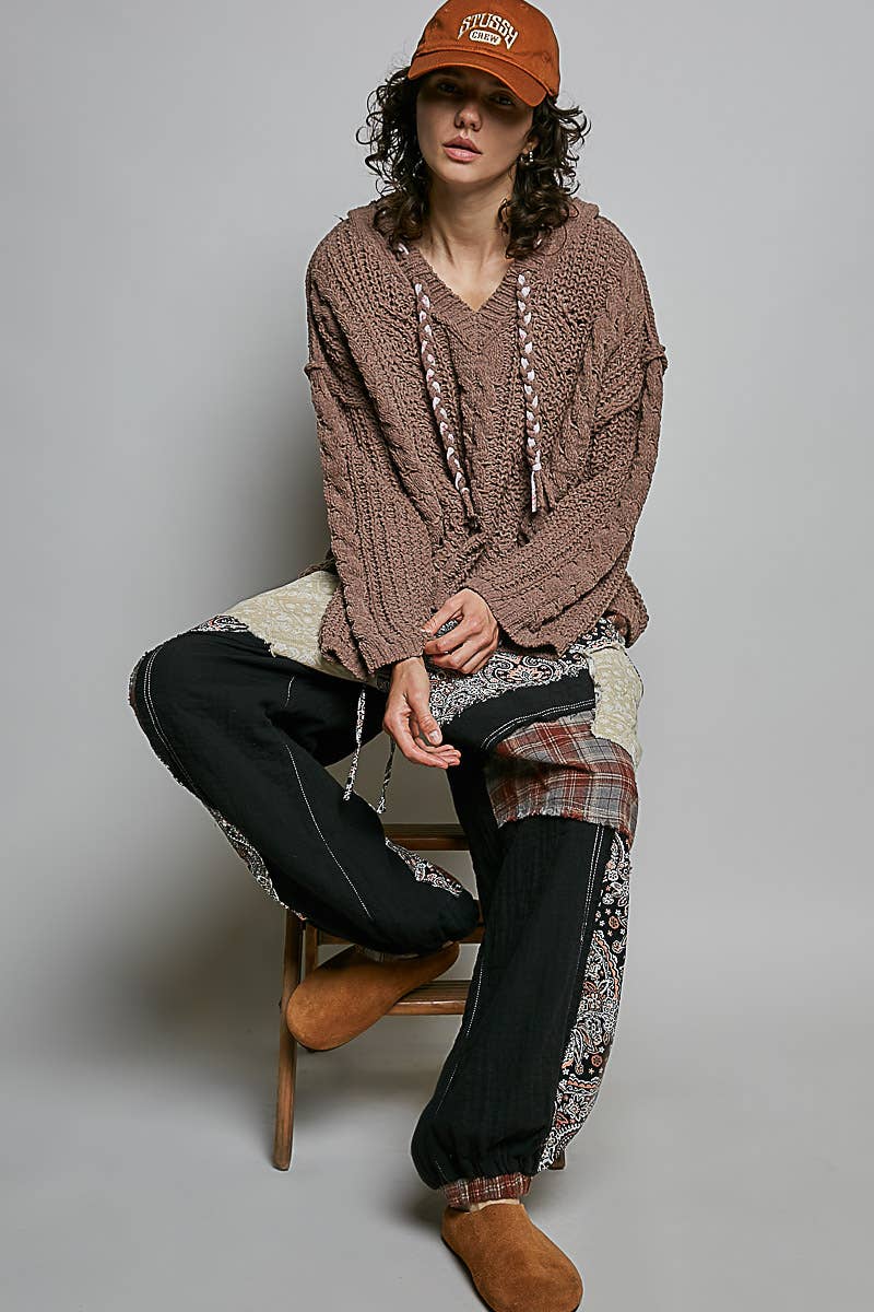 Pol Clothing - Oversize Fit V-neck Hooded Cable Knit Chenille Sweater SALE