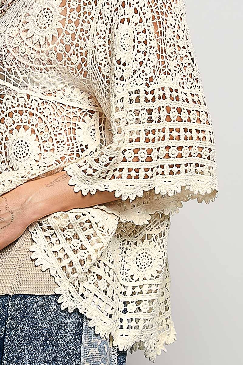 Pol Clothing - 3/4 Sleeve V-neck Crochet Varied Pattern Flared Top