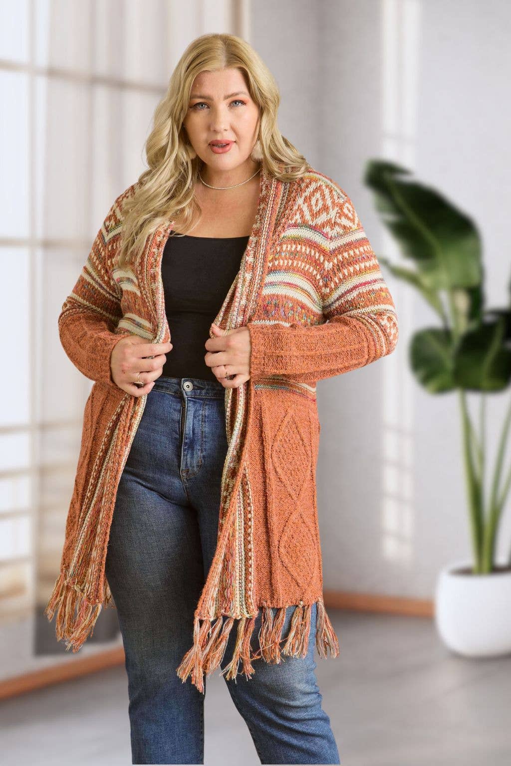 Maya PLUS FRINGE HEM AZTEC CARDIGAN