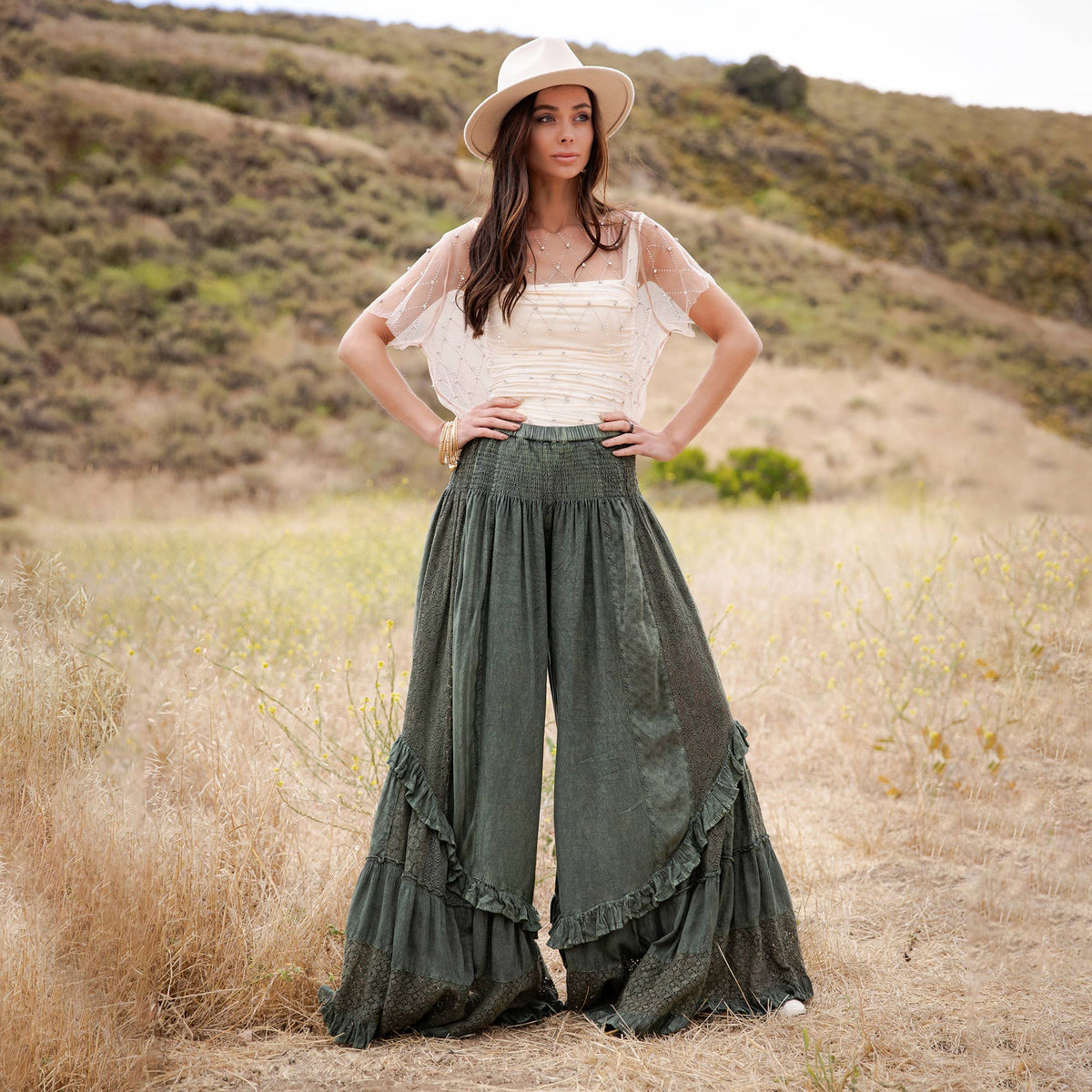 Young Threads - Boho Smocked Mineral Wash Lace Tiered Ruffle Pants NEW