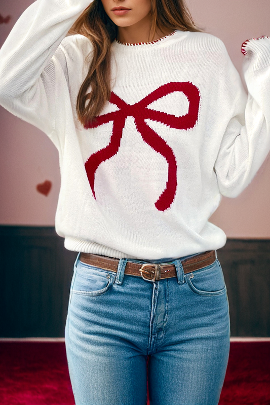 Fashion-W Bow Pattern Contrast Trim Christmas Loose Sweater