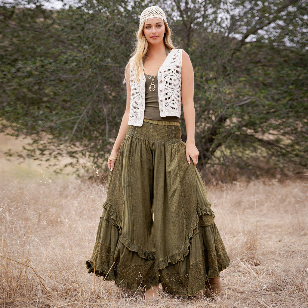 Young Threads - Boho Smocked Mineral Wash Lace Tiered Ruffle Pants NEW