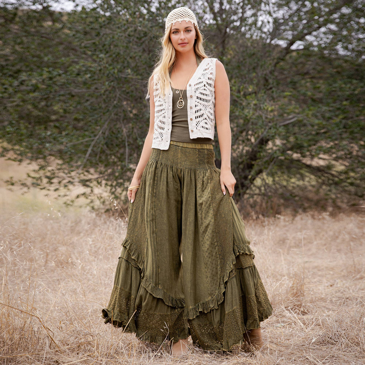 Young Threads - Boho Smocked Mineral Wash Lace Tiered Ruffle Pants NEW