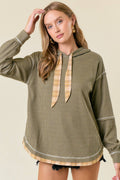 Soft WAFFLE KNIT PLAID STRAP HOODED SWEATSHIRT