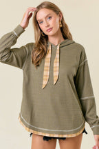 Soft WAFFLE KNIT PLAID STRAP HOODED SWEATSHIRT