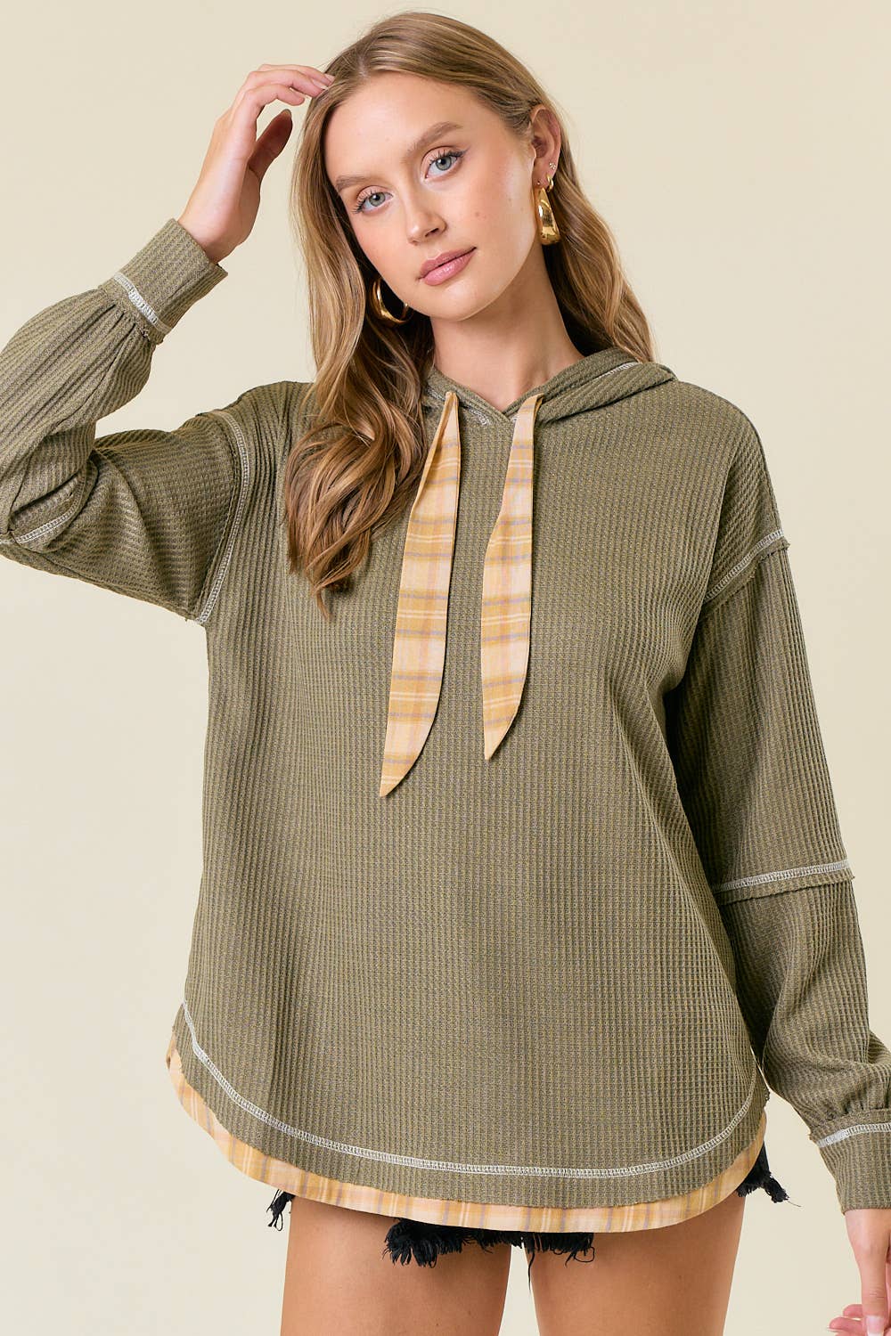 Soft WAFFLE KNIT PLAID STRAP HOODED SWEATSHIRT