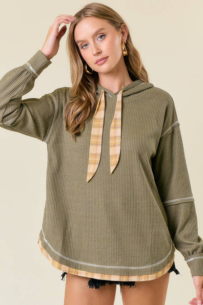 Soft WAFFLE KNIT PLAID STRAP HOODED SWEATSHIRT