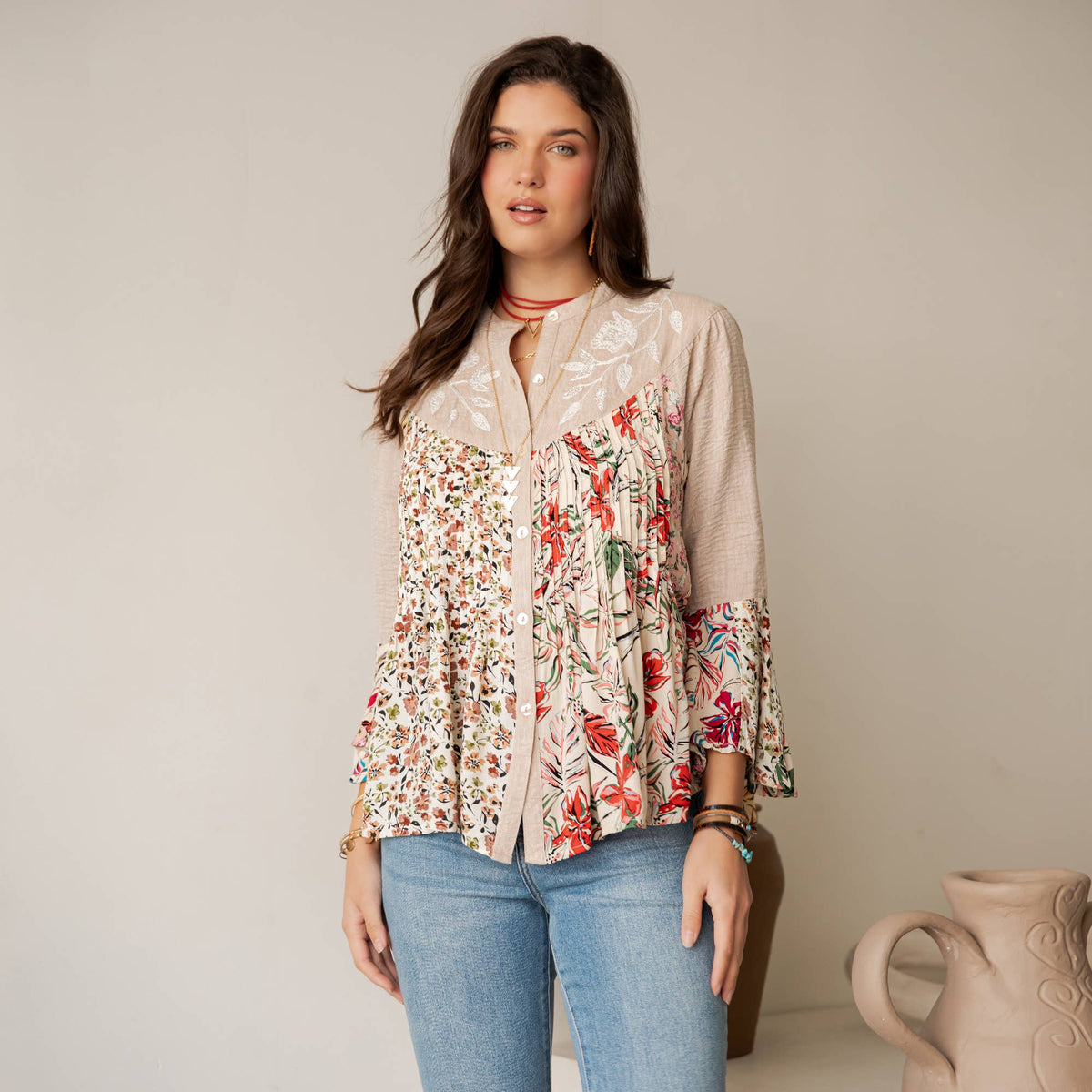 Vintage-Inspired Floral Emb Button-Down Boho Tunic Top NEW
