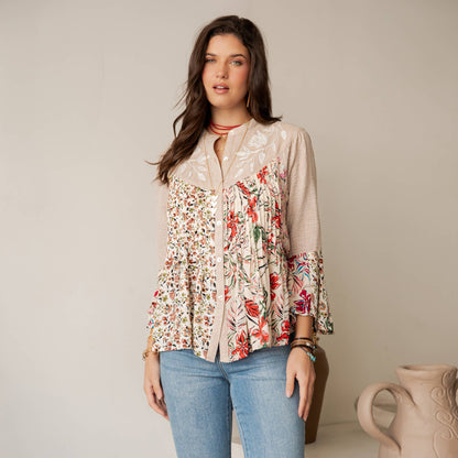 Vintage-Inspired Floral Emb Button-Down Boho Tunic Top NEW