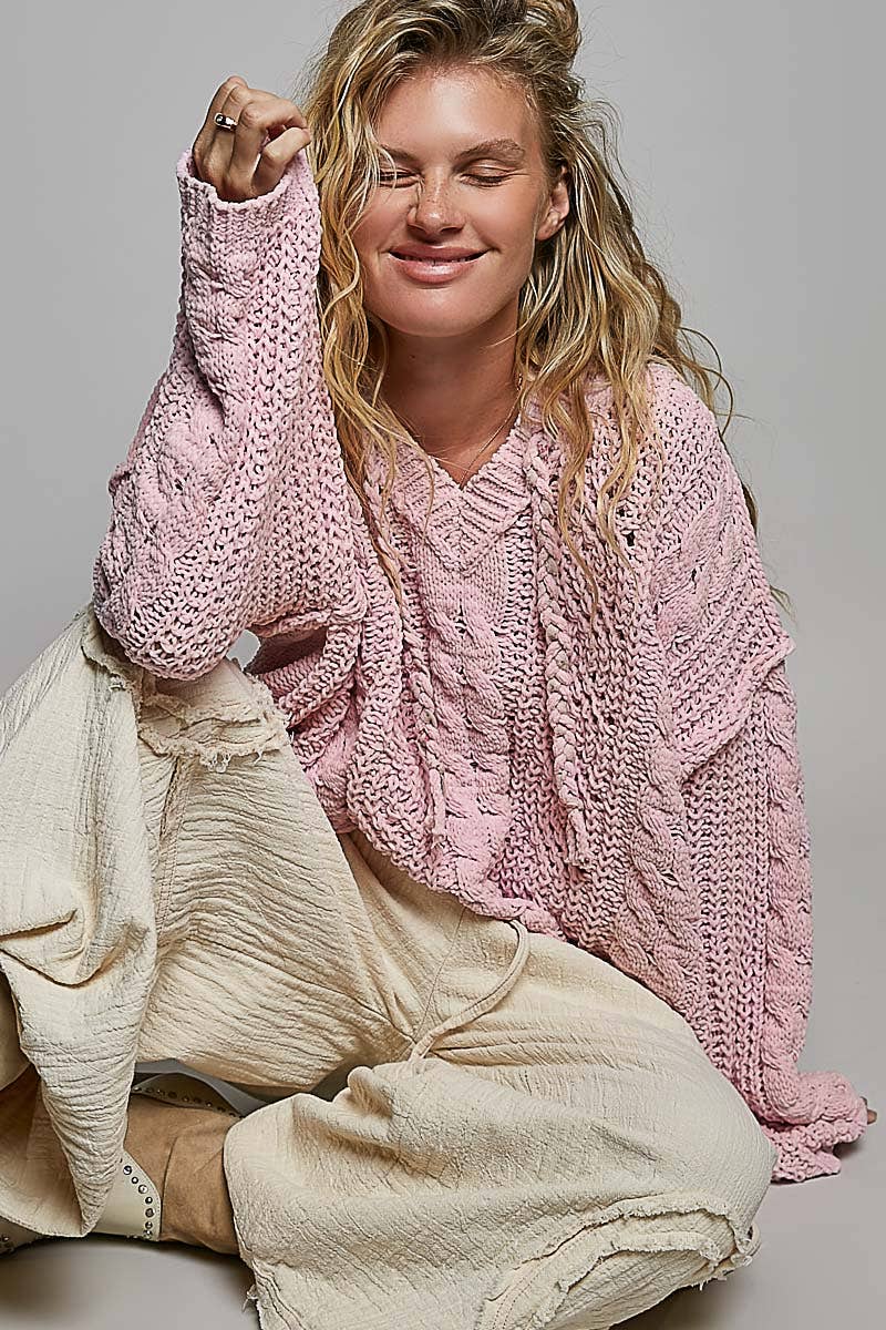 Pol Clothing - Oversize Fit V-neck Hooded Cable Knit Chenille Sweater SALE