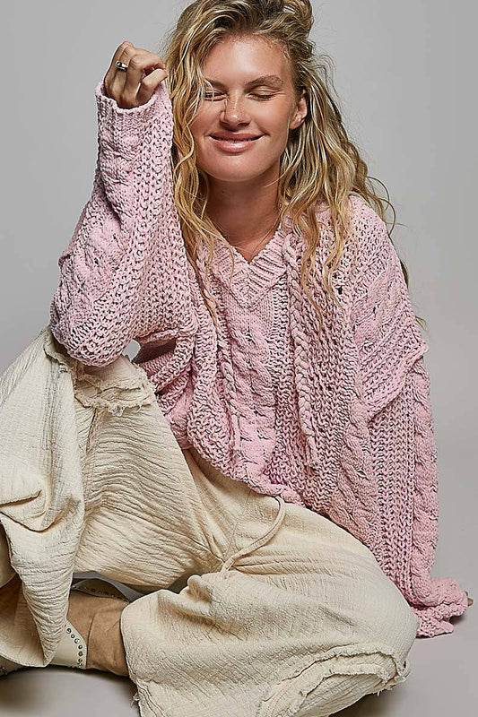Pol Clothing - Oversize Fit V-neck Hooded Cable Knit Chenille Sweater SALE