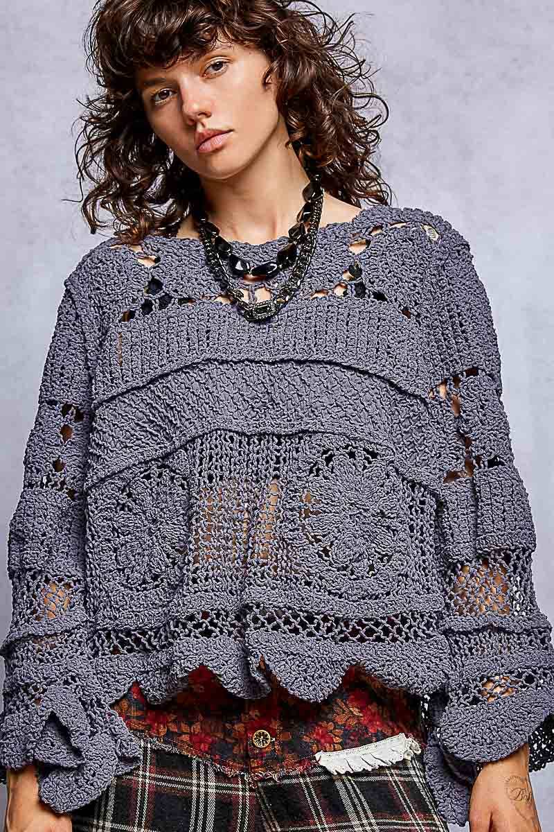 Pol Clothing - Textured Stitch Scalloped Trim Crochet Knit Sweater Top