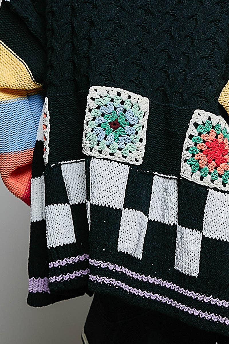 Pol Clothing - Handmade Patchwork Striped Chenille Sweater Open Cardigan