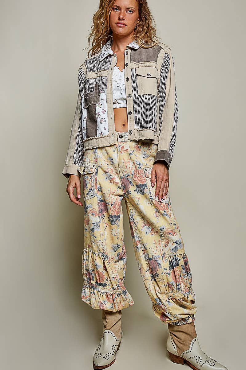 Pamela Vintage Patchwork Floral Geometric Neutral Cropped Jacket-Pol Clothing