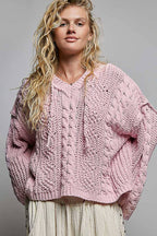 Pol Clothing - Oversize Fit V-neck Hooded Cable Knit Chenille Sweater SALE