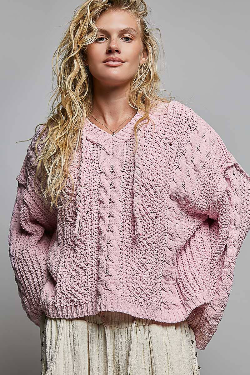 Pol Clothing - Oversize Fit V-neck Hooded Cable Knit Chenille Sweater SALE