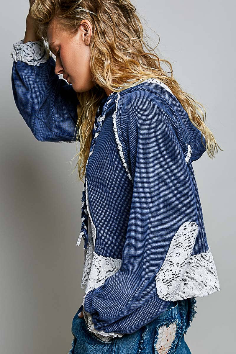 Pol Clothing - Cropped Balloon Sleeves Thermal Knit Lace Casual Hoodie