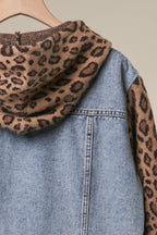 Denim Vest with Animal Print Sleeves and Hoodie -Mello