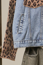 Denim Vest with Animal Print Sleeves and Hoodie -Mello