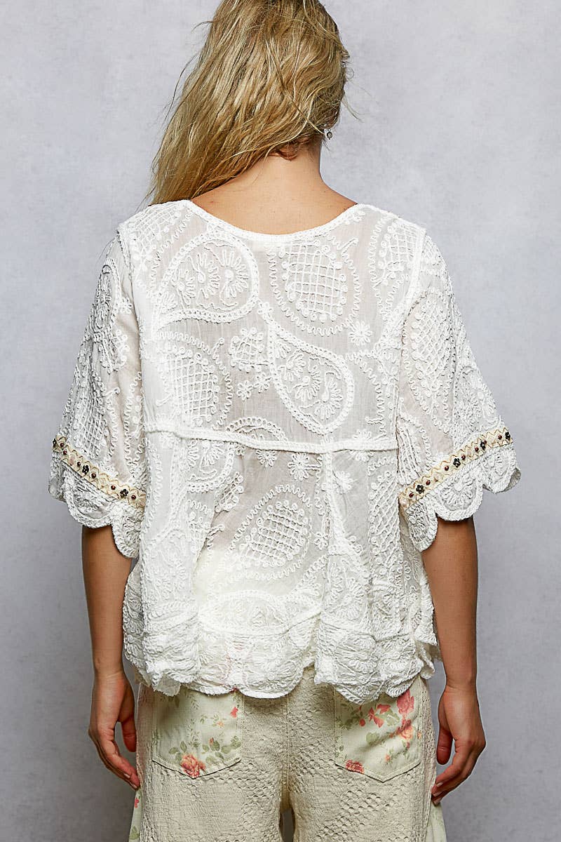 Pol Clothing - Short Sleeve Adjustable Drawstring Crochet V Neck Top