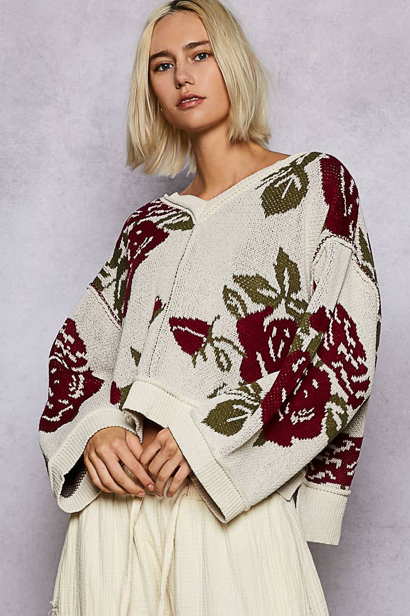 Pol Clothing - Long sleeve contrast floral exposed seam detail sweater top