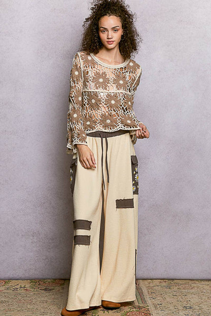 Pol Clothing - Round Neck Floral Weave Knit Long Sleeve Crochet Top