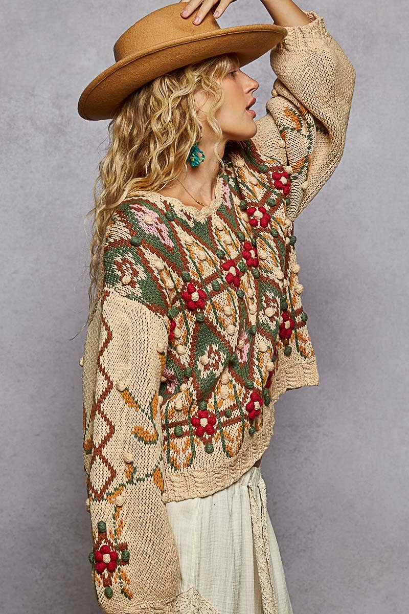 Pol Clothing - Scoop neck Aztec pattern 3D floral detail sweater top
