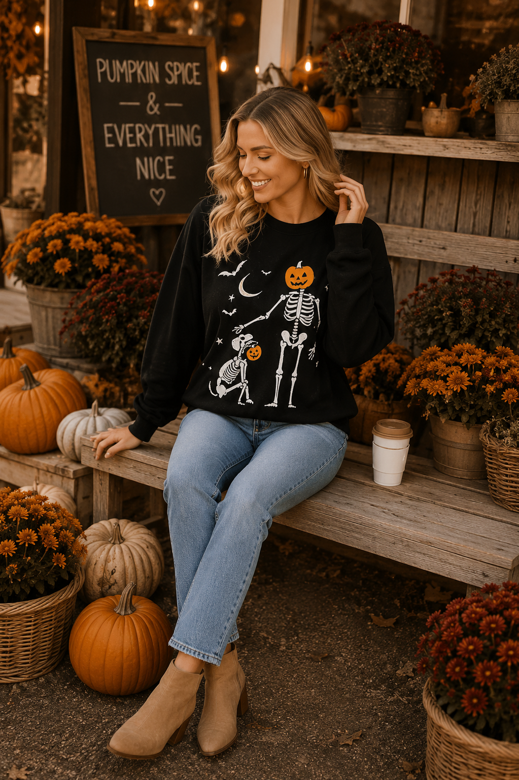 Main Strip - Halloween Pumpkin Skeleton Printed Graphic Crewneck