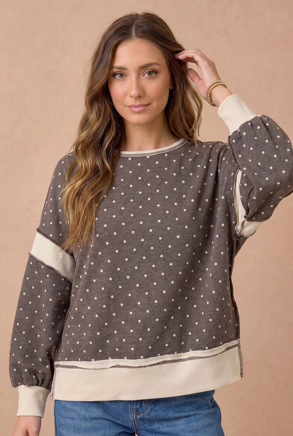 Haptics - Polka Dot Colorblock Cutout Back Pullover