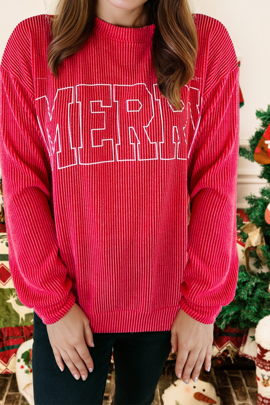 Christmas Twisted Rib Merry Letter Loose Long Sleeve Top