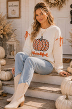 Thankful Pumpkin Graphic Tie-Sleeve Sweater-Main Strip