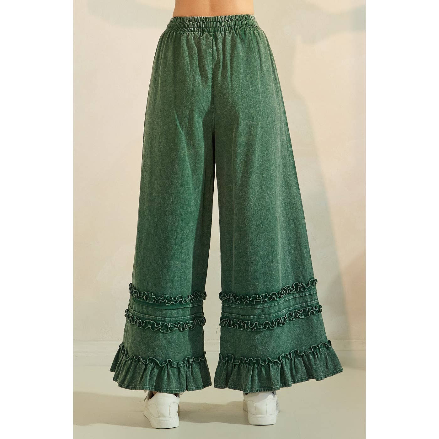 RUFFLE TRIM POCKET MINERAL WASH WIDE LEG PANTS