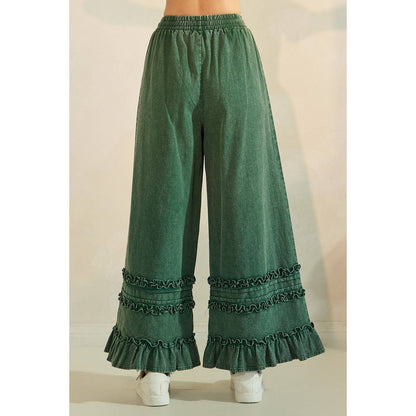 RUFFLE TRIM POCKET MINERAL WASH WIDE LEG PANTS