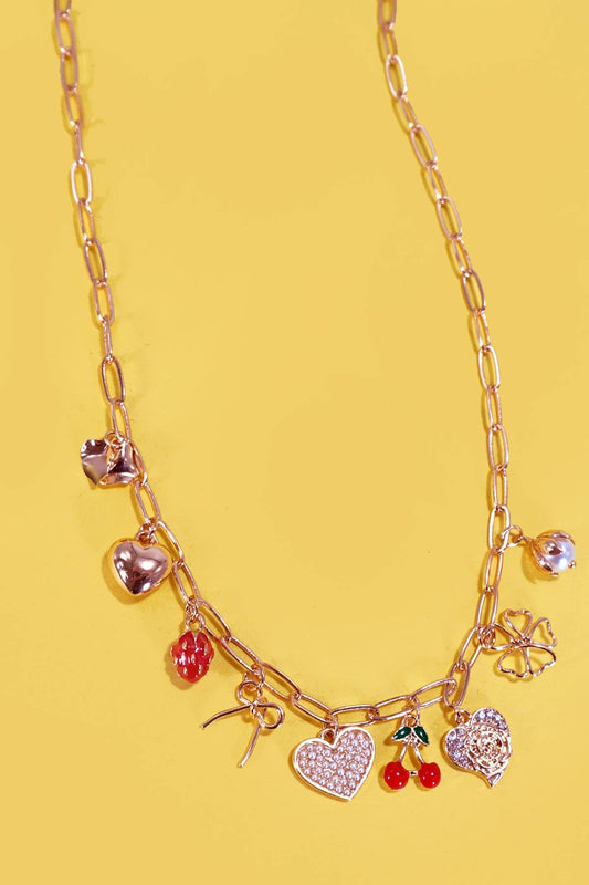 MULTI CHARM BOW CHERRY HEART NECKLACE