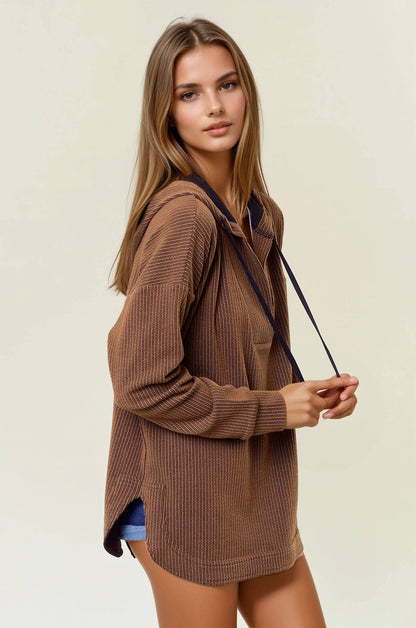 Doe and Rae - Stripe V-Neckline Long Sleeve Hooded Sweatshirt - 44627T