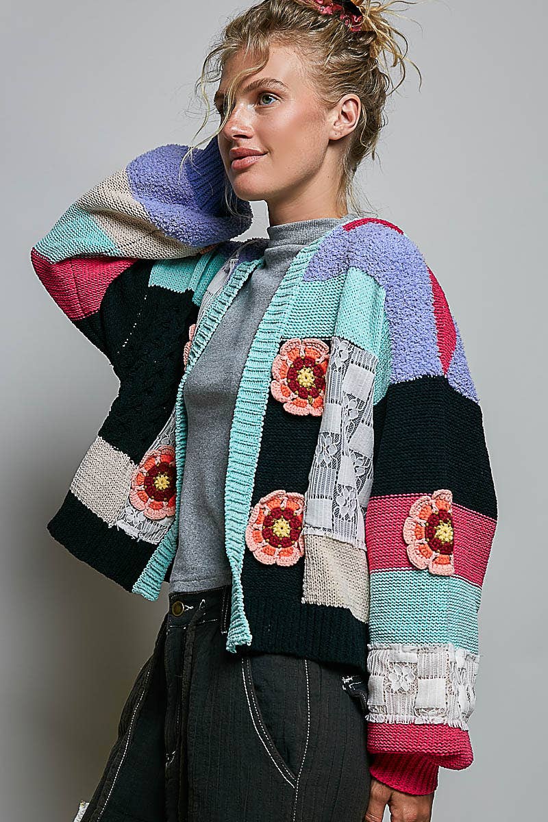Pol Clothing - Mixed-Texture Patchwork Chenille Knit Crochet Cardigan
