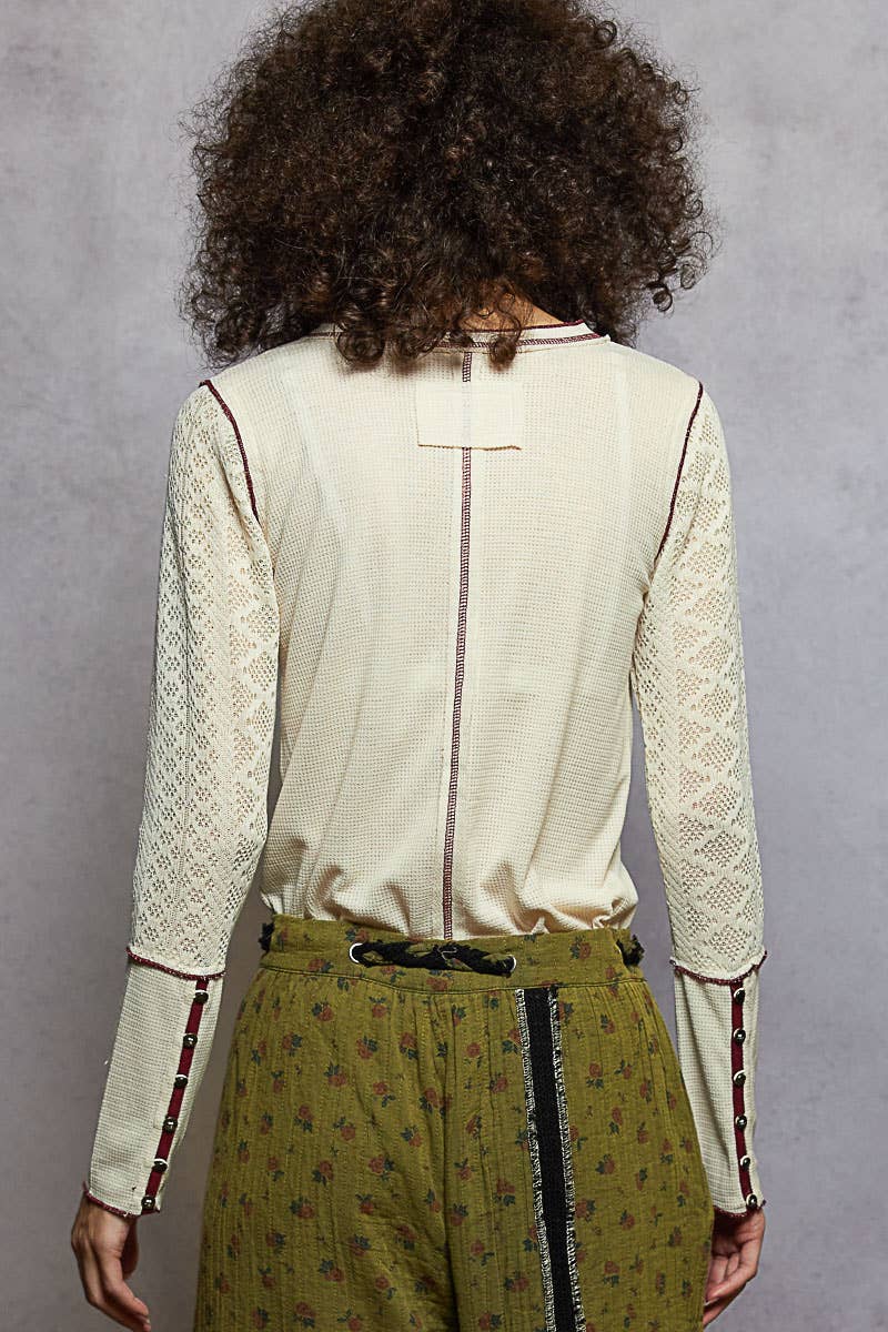 Pol Clothing - Round neck solid cut and sew knit mix knit top