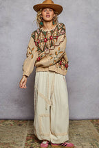 Pol Clothing - Scoop neck Aztec pattern 3D floral detail sweater top