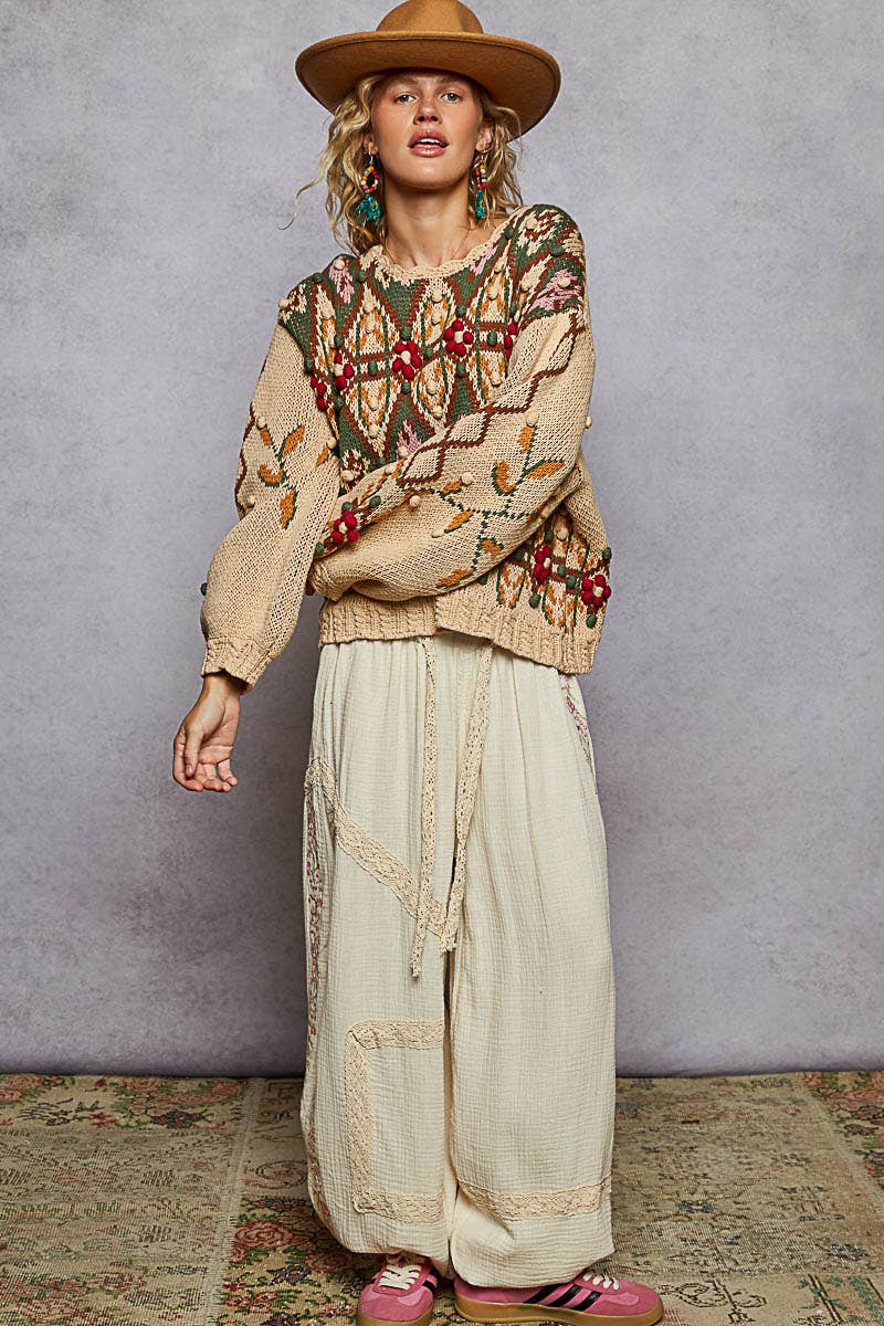 Pol Clothing - Scoop neck Aztec pattern 3D floral detail sweater top
