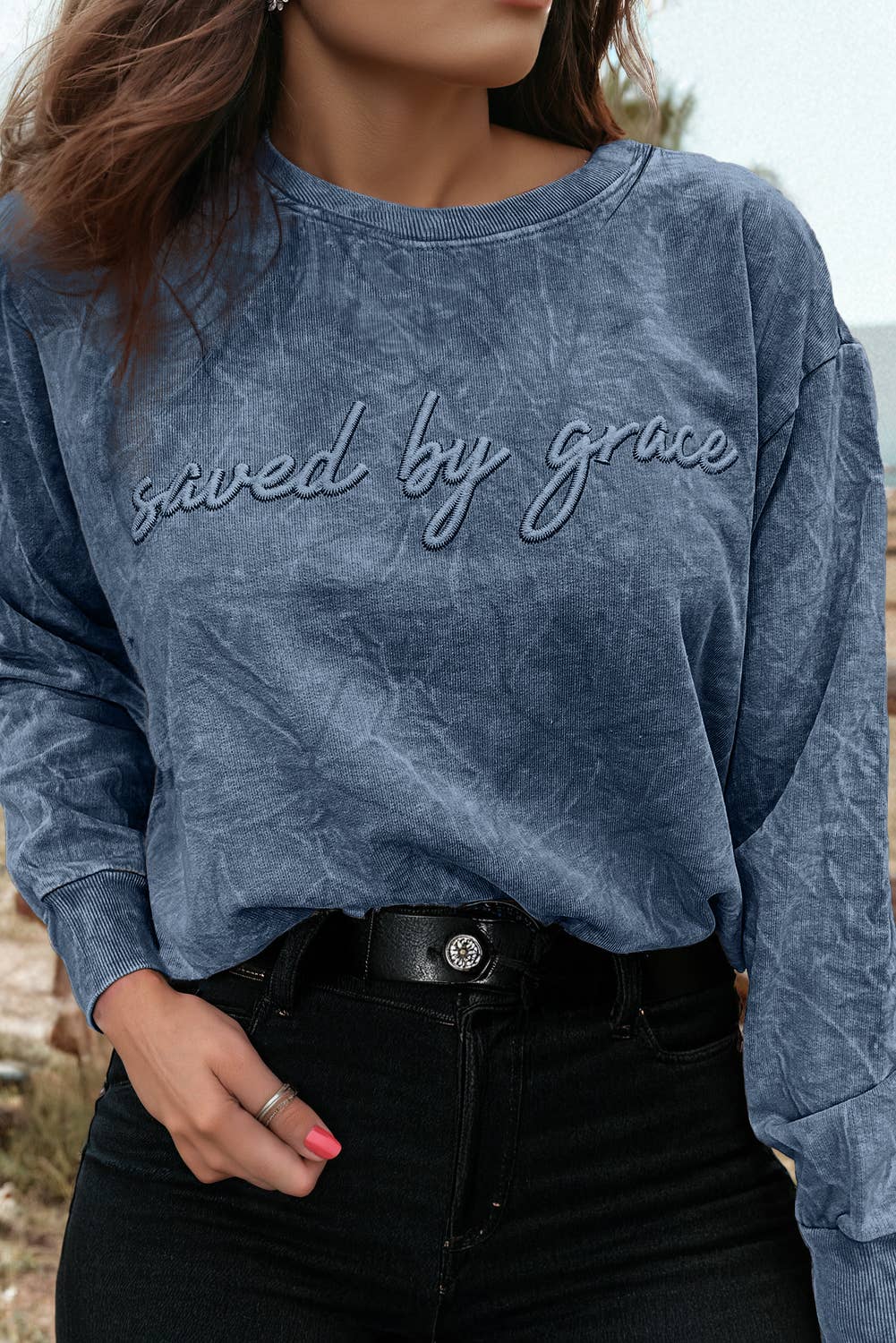 Saved By Grace Embroidery Mineral Wash Loose Sweatshirt